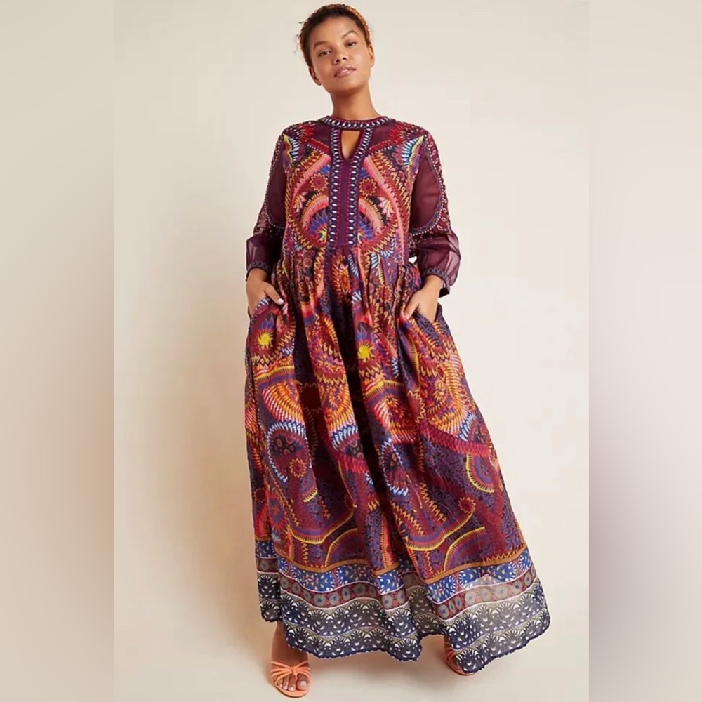ANTHROPOLOGIE Maren Embroidered Geometric Floral Maxi Dress Sz 16 P NWT Org $258